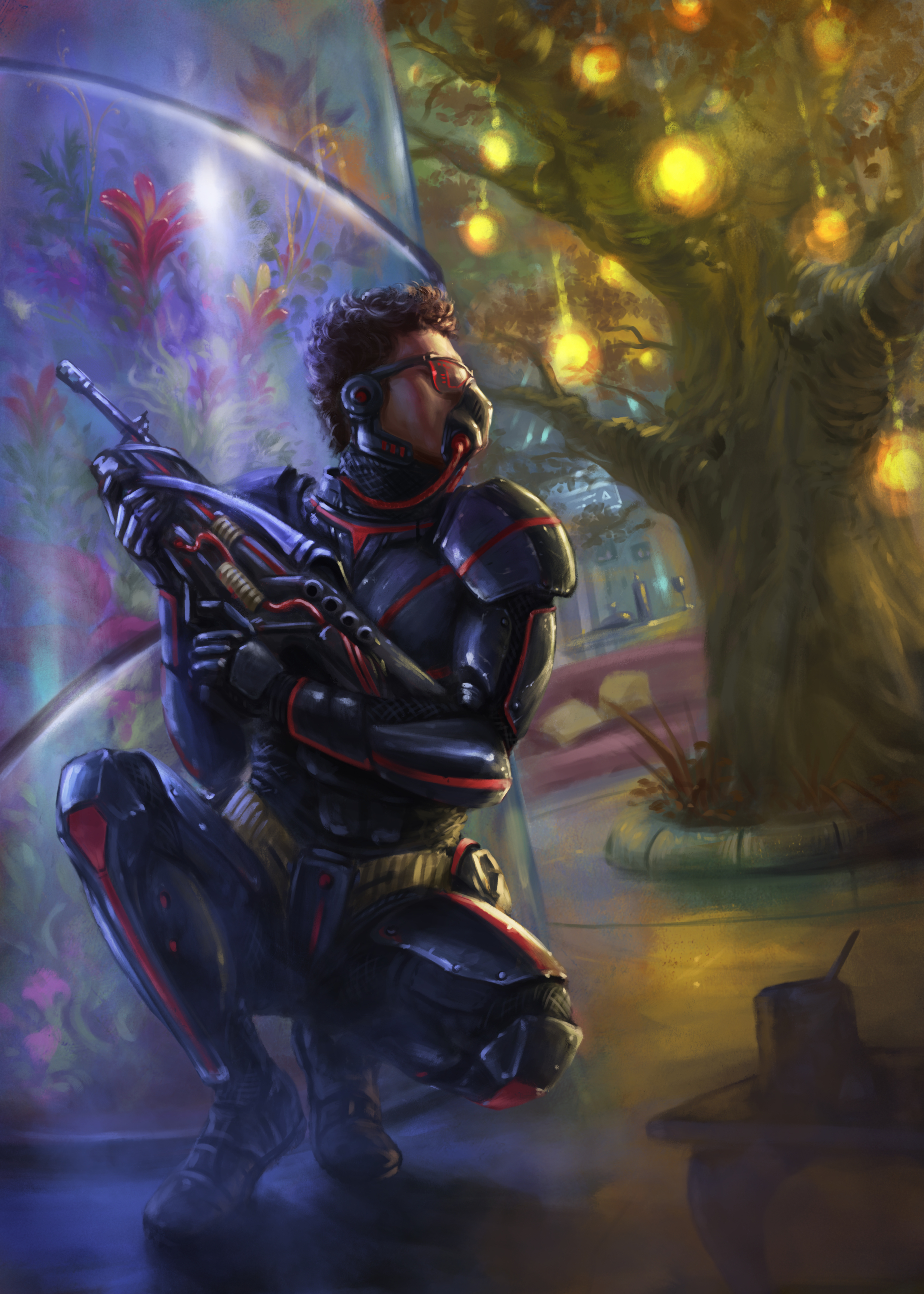 Bounty Inc. main protagonist Wyn Kelda in sci-fi combat suit without a helmet. He has messy brown hair, and is wearing a techy visor and gas mask. He is crouched down behind a tubular terrarium featuring alien plants, a plasma rifle in one hand. Peaking out, he looks across a room which looks half like an expansive, luxurious apartment, and half a wild forest, with a large tree growing out in the center. Strange lights grow in its branches.