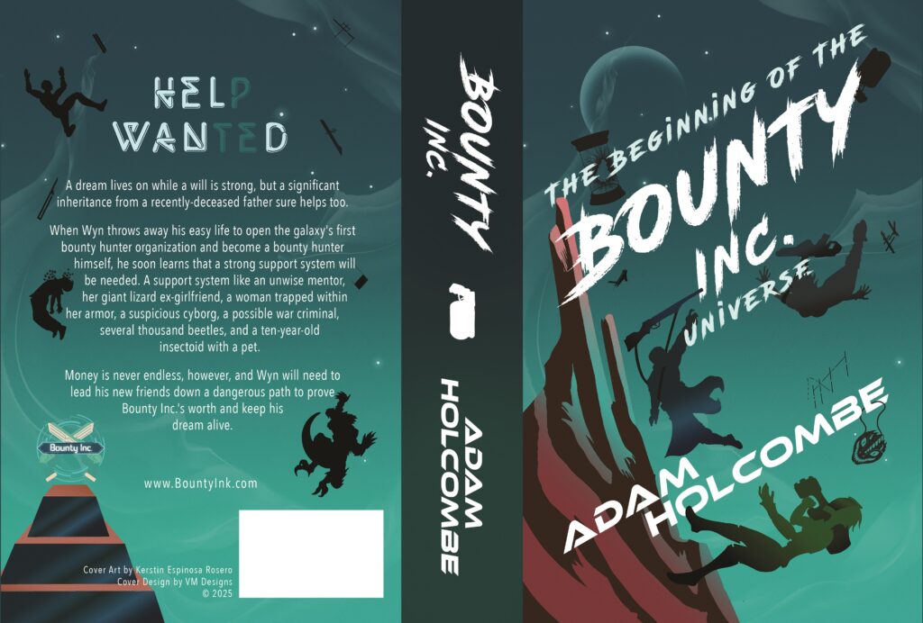 Cover spread for Bounty Inc. by Adam Holcombe, including the back text with three more silhouetted characters falling and the Bounty Inc. building.